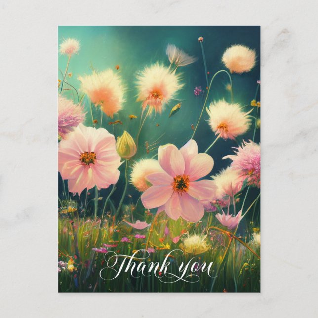 Carte Postale Fleurs roses dans un champ MERCI | Vierge (Devant)