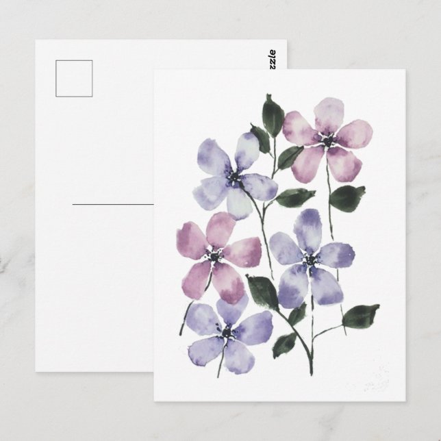 Carte Postale Fleurs roses et bleues  (Devant / Derrière)