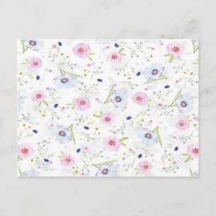 Carte Postale Fleurs roses et bleues sur blanc