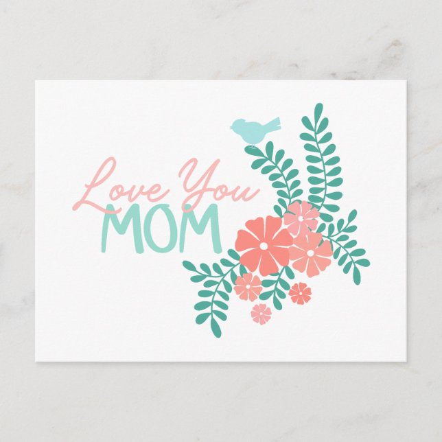 Carte Postale Fleurs roses et oiseaux bleus vous aiment texte ma (Devant)