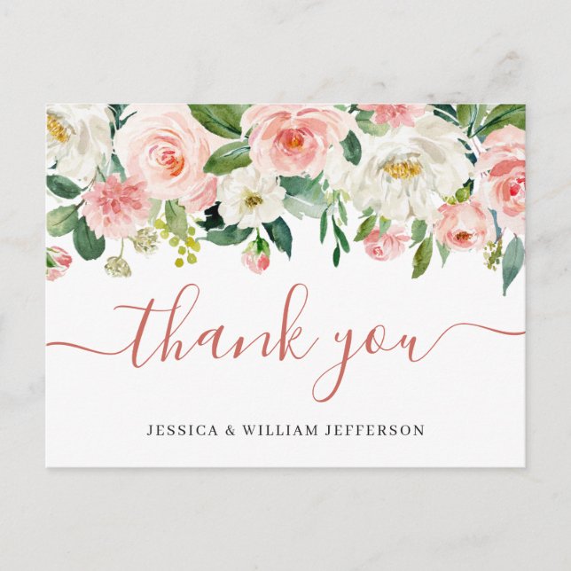 Carte Postale Fleurs Roses Fluides Verdure Merci Floral (Devant)