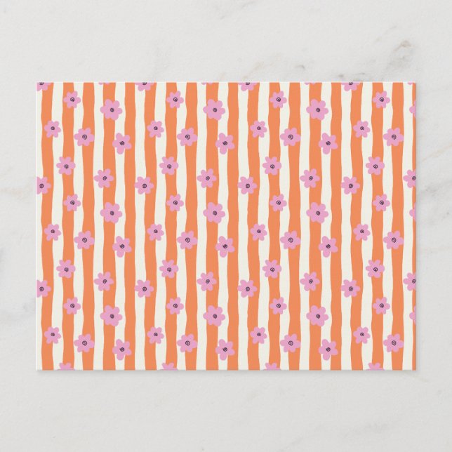 Carte Postale Fleurs roses groovy sur rayures orange (Devant)