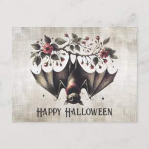 Carte Postale Fleurs roses Halloween Chauve-souris maléfique Feu