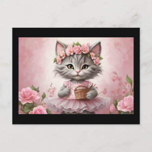 Carte Postale Fleurs roses Kitten en robe
