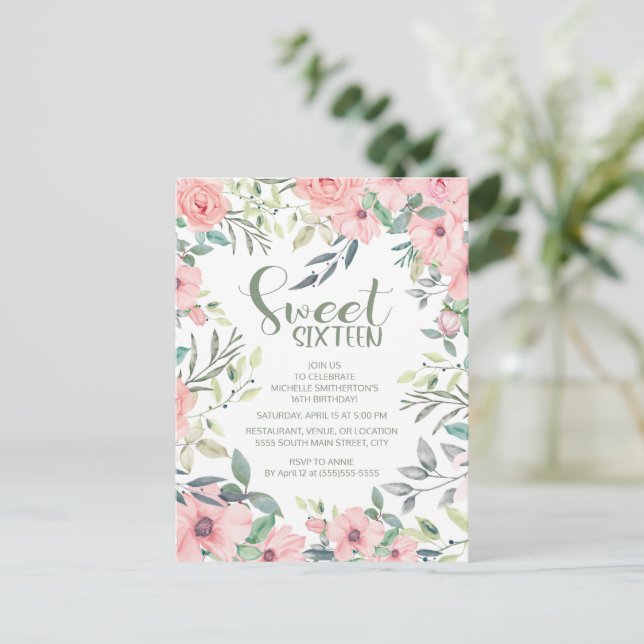 Carte Postale Fleurs roses pâles Sweet 16 Feuilles vert sauge (Debout devant)