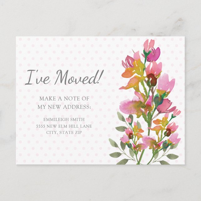 Carte Postale Fleurs roses pois changez d'adresse (Devant)