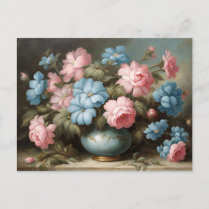 Carte Postale Fleurs roses victoriennes, fleurs bleues dans un v