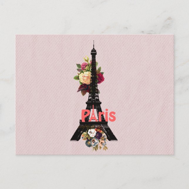 Carte Postale Fleurs roses vintages Paris Tour Eiffel (Devant)