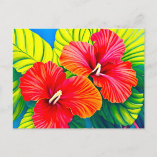 Carte Postale Fleurs rouges d'hibiscus hawaïen avec feuilles ver