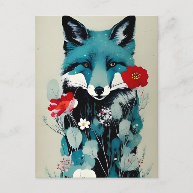 Carte Postale Fleurs rouges et blanches Renard bleu (Devant)