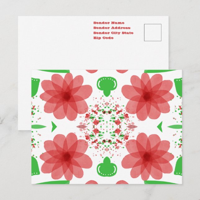 Carte Postale Fleurs Rouges Fantaisistes Feuilles Vertes Sur Fon (Devant / Derrière)