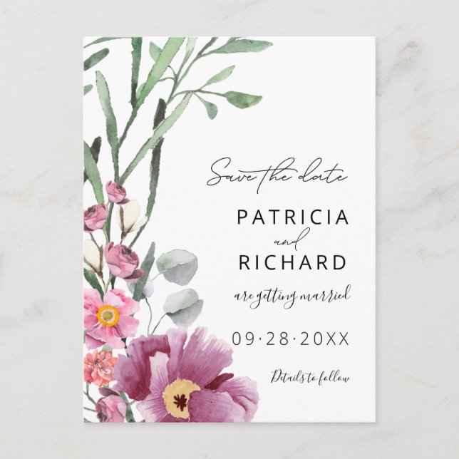 Carte Postale Fleurs sauvages d'aquarelle mariage Enregistrer la (Devant)