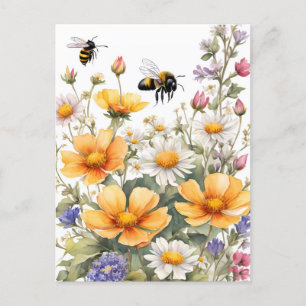 Carte Postale Fleurs sauvages et Abeilles de miel Aquarelle