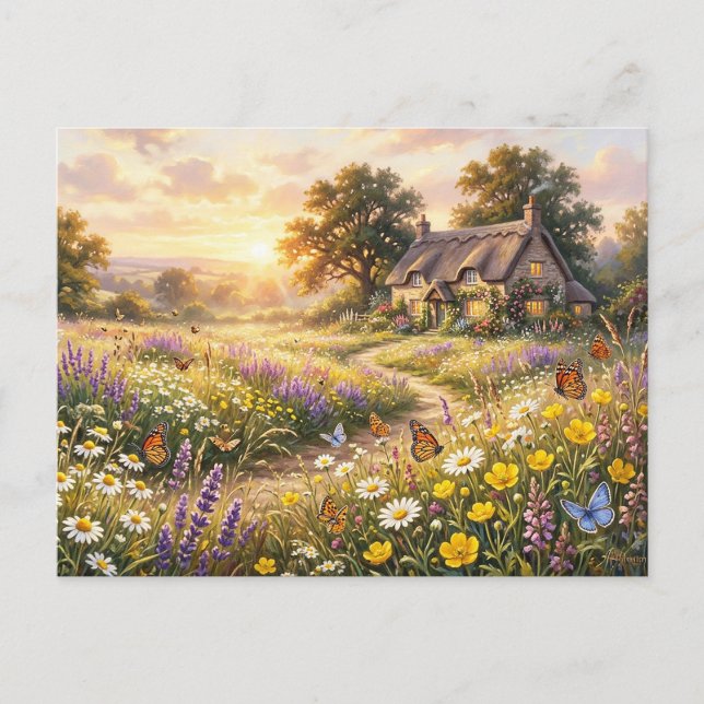 Carte Postale Fleurs sauvages et une mignonne maisonnette (Devant)