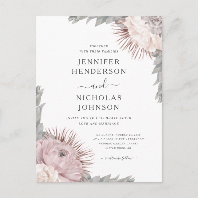 Carte Postale Fleurs séchées Boho Invitation de mariage rose pou (Devant)