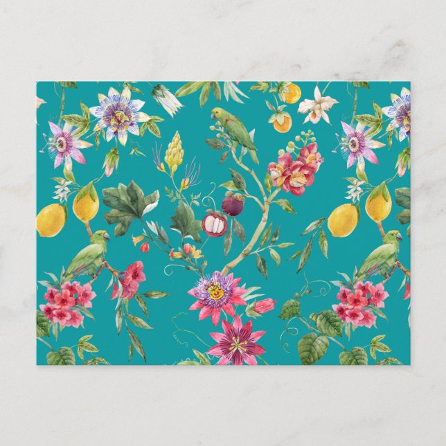 Carte Postale Fleurs tropicales, fruits et oiseaux Turquoises (Devant)