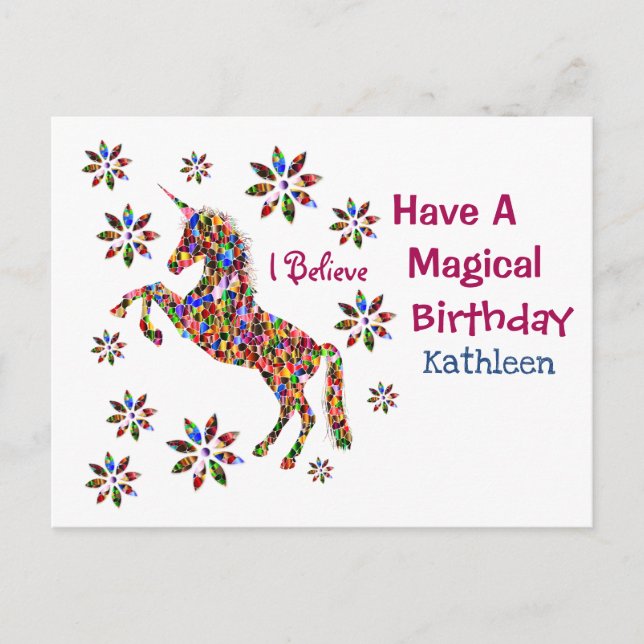 Carte Postale Fleurs Unicorne Magique Anniversaire Personnaliser (Devant)
