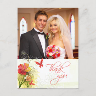 Carte Postale Fleurs vert rouge + papillon mariage merci