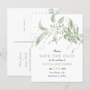 Carte Postale Fleurs vertes et blanches Sage Enregistrer la date