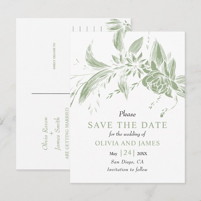 Carte Postale Fleurs vertes et blanches Sage Enregistrer la date (Devant / Derrière)