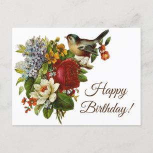 Carte Postale Fleurs Vintage Vibrantes et Joyeux Anniversaire Oi