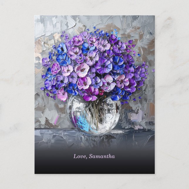 Carte Postale Fleurs Violettes et Bleues Élégantes Personnalisée (Devant)