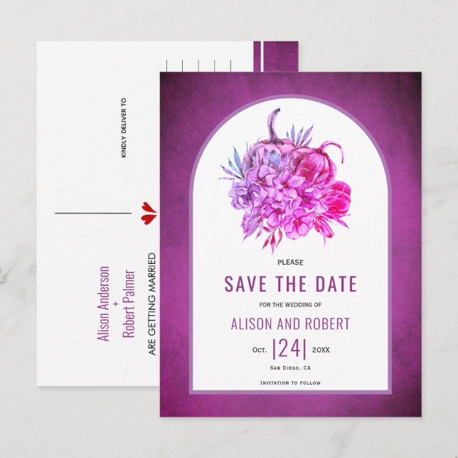 Carte Postale Fleurs violettes et citrouilles sauvent la date (Devant / Derrière)