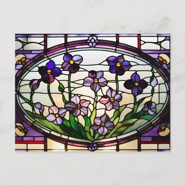 Carte Postale Fleurs Violettes Jolies Vitrail  (Devant)