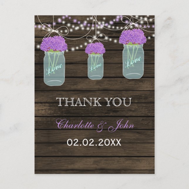 Carte Postale Fleurs violettes Mason Jars Grange Mariage en bois (Devant)