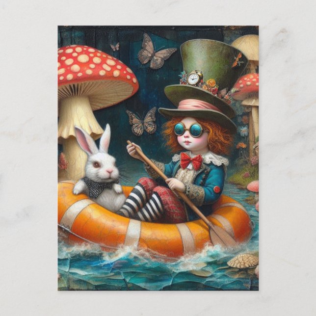 Carte Postale Float Trip Alice White Rabbit collage encaustique (Devant)