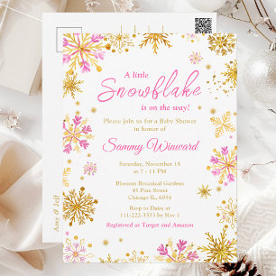 Carte Postale Flocons de neige roses et dorés Baby Shower d'hive
