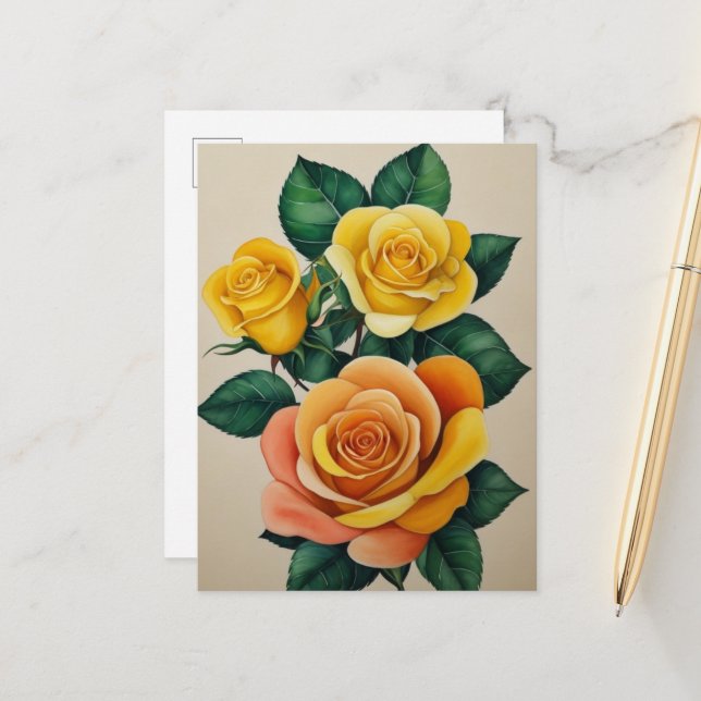 Carte Postale Flora élégant Aquarelle Roses jaunes  (Devant/Arrière en situation)