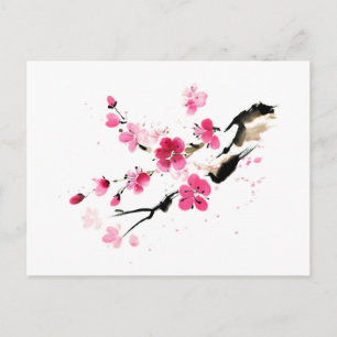 Carte Postale Floraison rose printanière. Peinture à l'encre cal