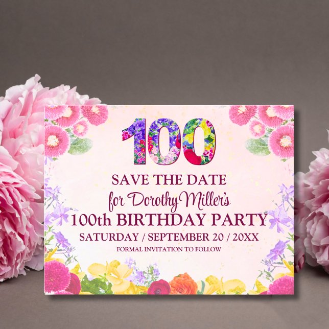 Carte Postale Floral 100e Anniversaire Save The Date, Pastel 100 (Créateur téléchargé)