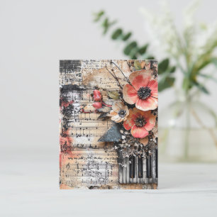 Carte Postale Floral avec touches de piano rustique et feuille d