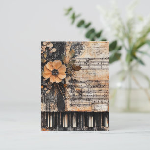 Carte Postale Floral avec touches de piano rustique et feuille d