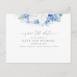 Carte Postale Floral bleu et blanc Dusty Enregistrer la date