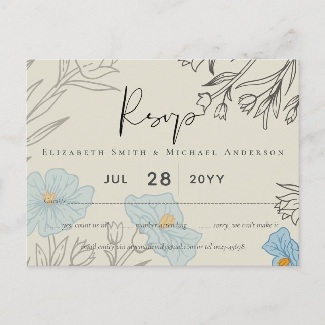 Carte Postale Floral bleu moderne Mariage Abstrait RSVP (Devant)