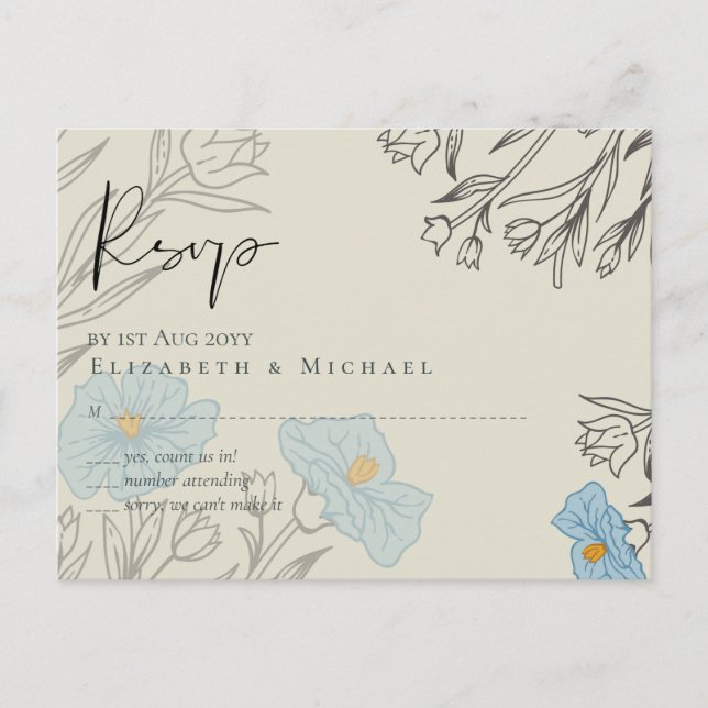 Carte Postale Floral bleu moderne Mariage Abstrait RSVP (Devant)