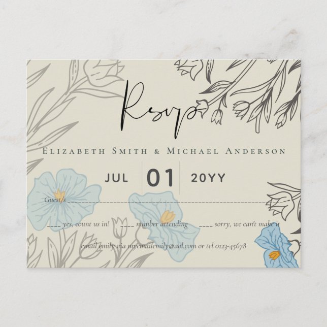 Carte Postale Floral bleu moderne Mariage Abstrait RSVP (Devant)