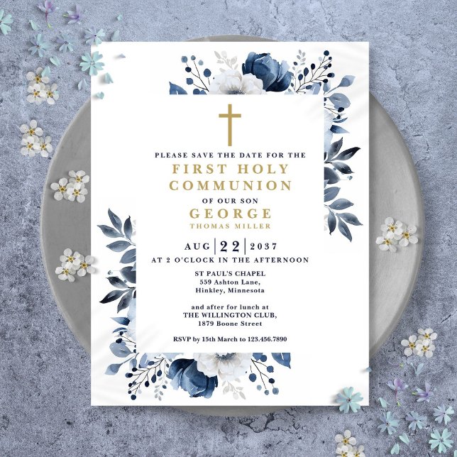 Carte Postale Floral Bleu Première Communion Sainte Sauver La Da (Blue Floral First Holy Communion Save The Date Postcard)