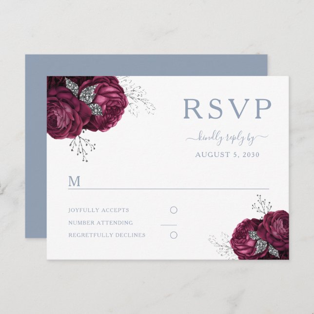 Carte Postale Floral Bourgogne Dusty Blue Wedding RSVP (Devant / Derrière)