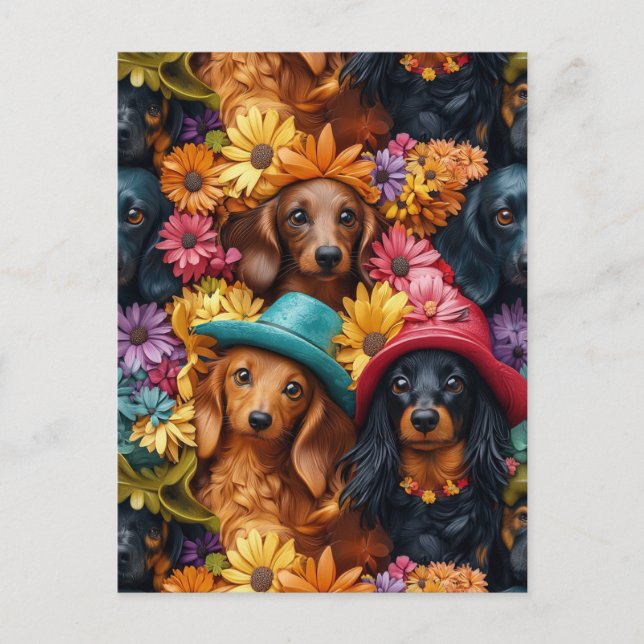 Carte Postale Floral Dachshund Motif sans couture - Amoureux de  (Devant)