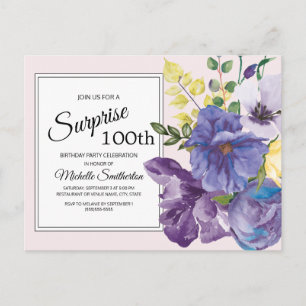Carte Postale Floral d'aquarelle violette sur rose 100e annivers