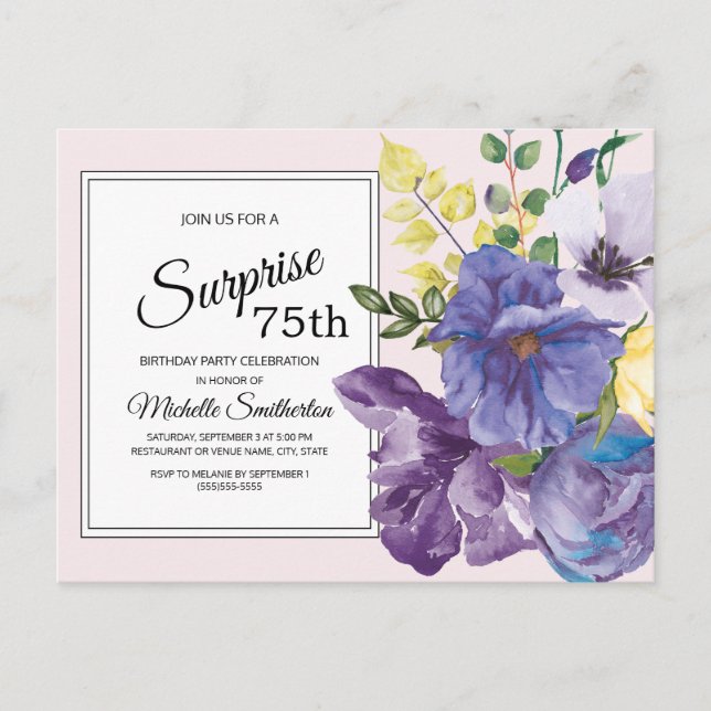 Carte Postale Floral d'aquarelle violette sur rose 75e anniversa (Devant)