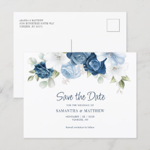 Carte Postale Floral Dusty Blue Wedding Enregistrer la date