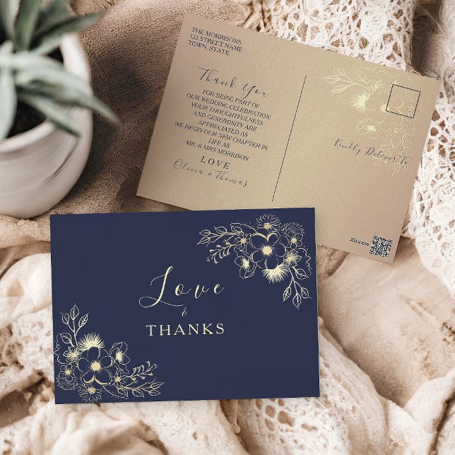 Carte Postale Floral Gold Navy Mariage bleu Merci (Créateur téléchargé)