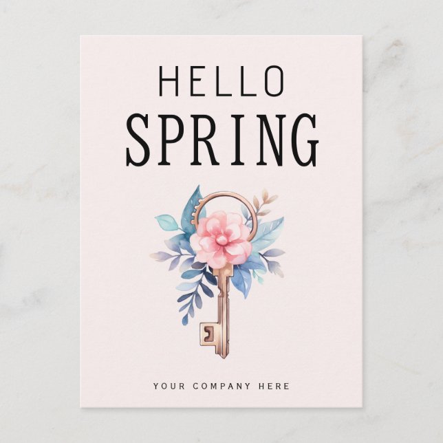 Carte Postale Floral Hello Spring clé de la maison immobilière (Devant)