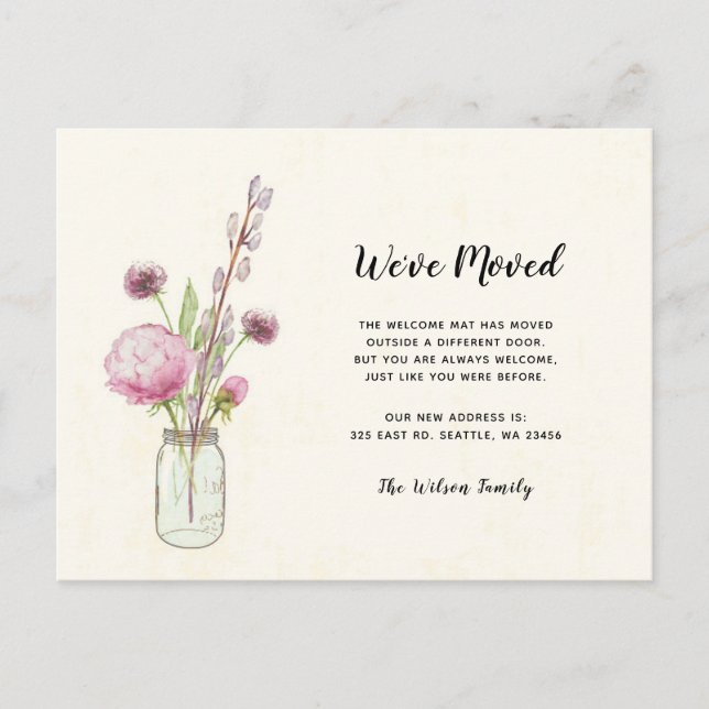 Carte Postale Floral Mason Jar Nous Avons Déménagé Nouvelle Adre (Devant)