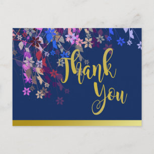 Carte Postale Floral Merci or Mariage Vintage Marine bleu